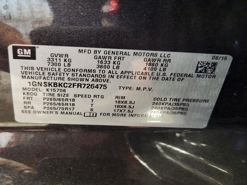 2015 Chevrolet Tahoe მანქანა იყიდება აუქციონზე, vin: 1GNSKBKC2FR726475, აუქციონის ნომერი: 55372066