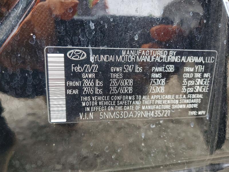 53596726 :رقم المزاد ، 5NMS3DAJ9NH435721 vin ، 2022 Hyundai Santa Fe مزاد بيع