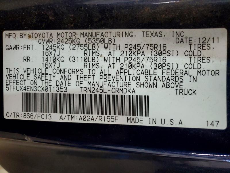 2012 Toyota Tacoma მანქანა იყიდება აუქციონზე, vin: 5TFUX4EN3CX011353, აუქციონის ნომერი: 53386306