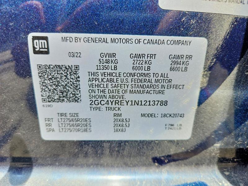 53775566 :رقم المزاد ، 2GC4YREY1N1213788 vin ، 2022 Chevrolet Silverado مزاد بيع