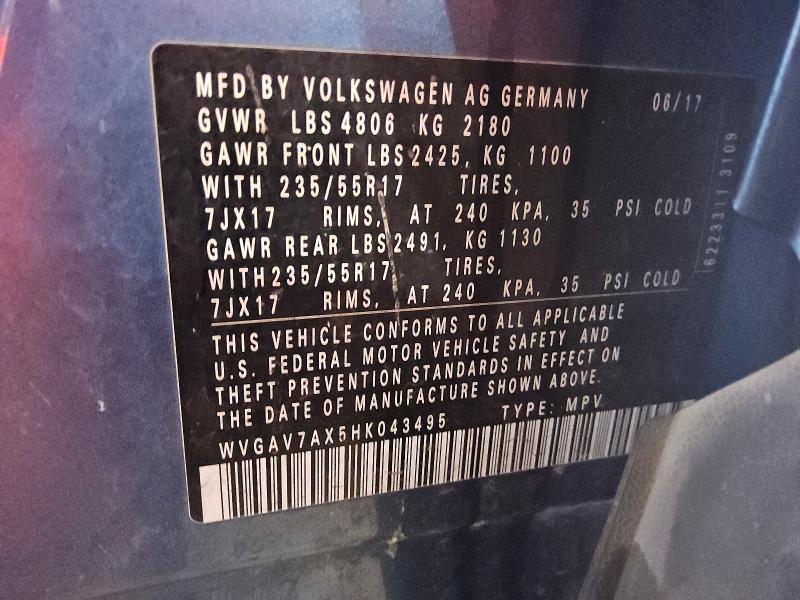 Продаж на аукціоні авто 2017 Volkswagen Tiguan, vin: WVGAV7AX5HK043495, номер лоту: 51870556