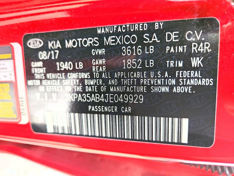 2018 Kia Rio მანქანა იყიდება აუქციონზე, vin: 3KPA35AB4JE049929, აუქციონის ნომერი: 52470146
