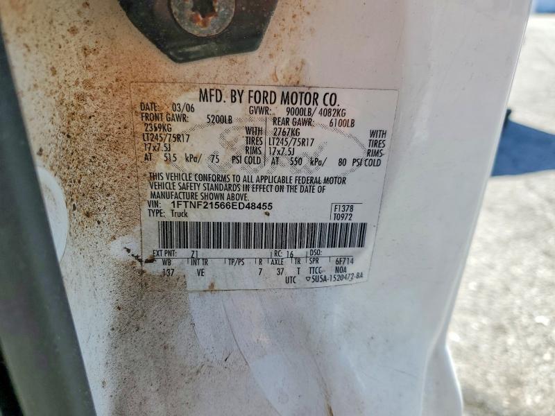 2006 Ford F250 მანქანა იყიდება აუქციონზე, vin: 1FTNF21566ED48455, აუქციონის ნომერი: 54396576