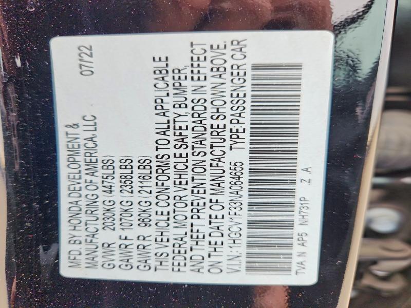 Aukcja sprzedaży 2022 Honda Accord, vin: 1HGCV1F33NA064655, numer aukcji: 52043066