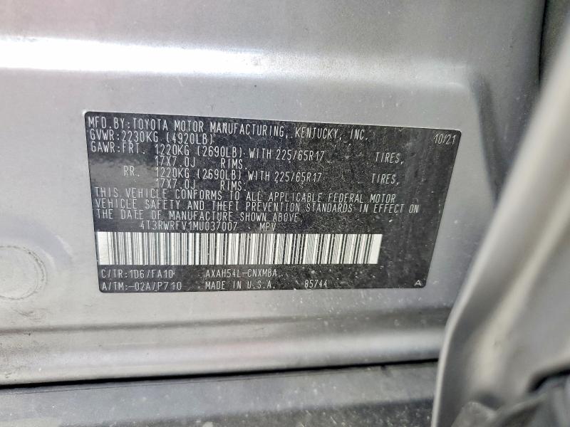 53598116 :رقم المزاد ، 4T3RWRFV1MU037007 vin ، 2021 Toyota Rav4 مزاد بيع