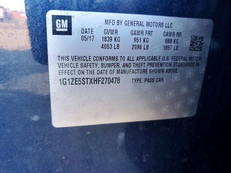 52604376 :رقم المزاد ، 1G1ZE5STXHF270478 vin ، 2017 Chevrolet Malibu مزاد بيع