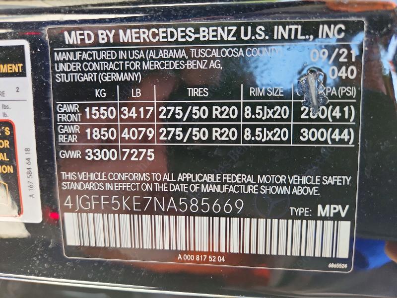 53319096 :رقم المزاد ، 4JGFF5KE7NA585669 vin ، 2022 Mercedes-benz Gls مزاد بيع