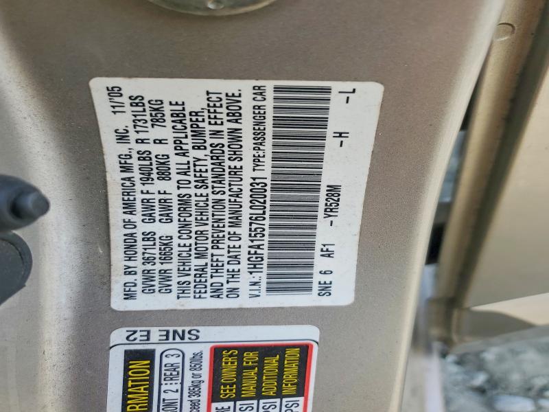 Продаж на аукціоні авто 2006 Honda Civic, vin: 1HGFA15576L020031, номер лоту: 55317116