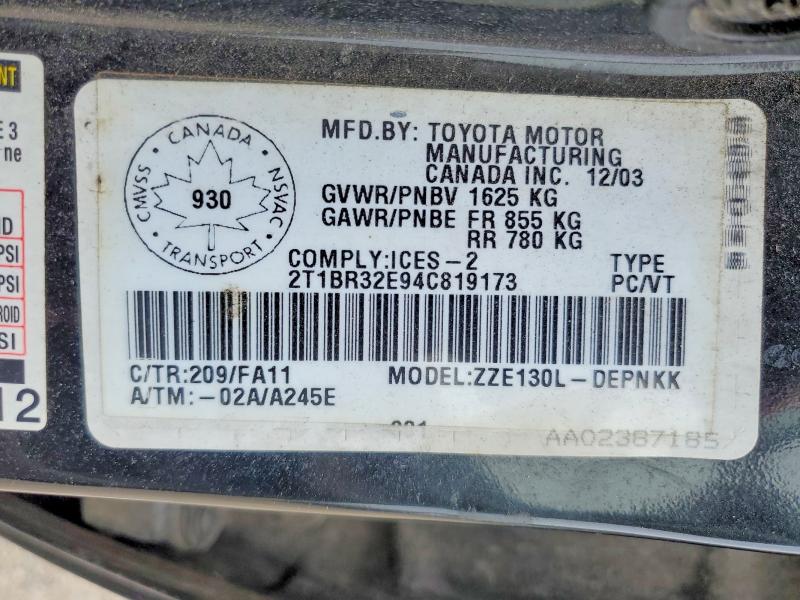 Aukcja sprzedaży 2004 Toyota Corolla, vin: 2T1BR32E94C819173, numer aukcji: 54394246