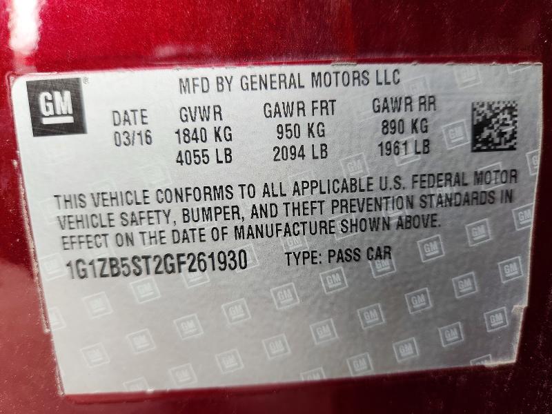 51977526 :رقم المزاد ، 1G1ZB5ST2GF261930 vin ، 2016 Chevrolet Malibu مزاد بيع