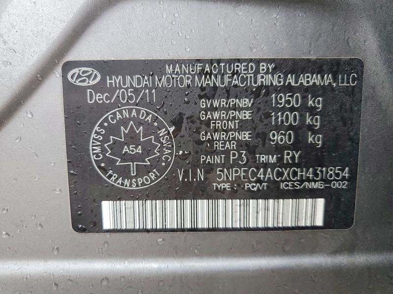 Aukcja sprzedaży 2012 Hyundai Sonata, vin: 5NPEC4ACXCH431854, numer aukcji: 52611216