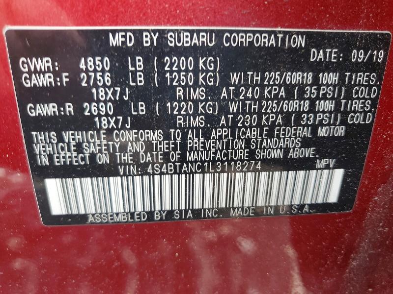 52815136 :رقم المزاد ، 4S4BTANC1L3118274 vin ، 2020 Subaru Outback مزاد بيع