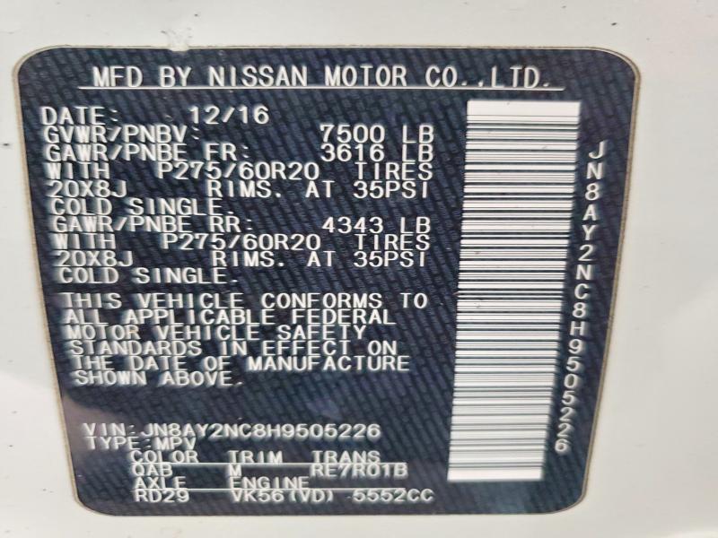 53017566 :رقم المزاد ، JN8AY2NC8H9505226 vin ، 2017 Nissan Armada مزاد بيع