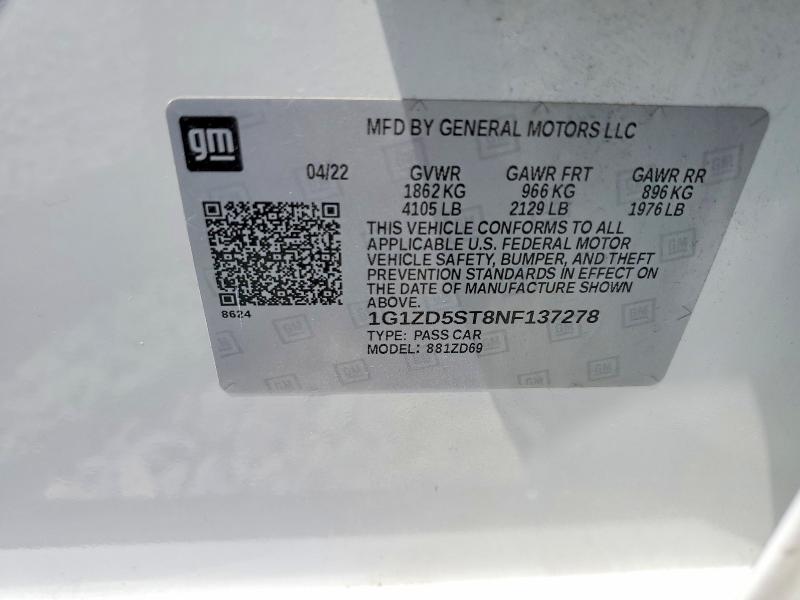 Продаж на аукціоні авто 2022 Chevrolet Malibu, vin: 1G1ZD5ST8NF137278, номер лоту: 53007506