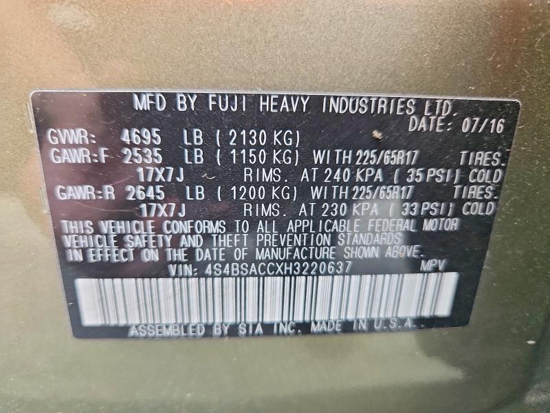 2017 Subaru Outback მანქანა იყიდება აუქციონზე, vin: 4S4BSACCXH3220637, აუქციონის ნომერი: 53378436