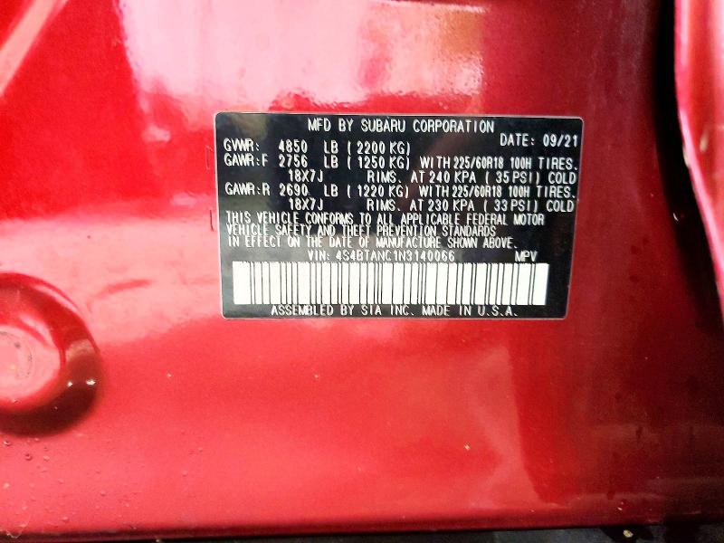 Продаж на аукціоні авто 2022 Subaru Outback, vin: 4S4BTANC1N3140066, номер лоту: 52563306