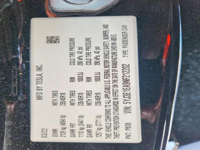2022 Tesla Model 3 მანქანა იყიდება აუქციონზე, vin: 5YJ3E1EA9NF212202, აუქციონის ნომერი: 53834556