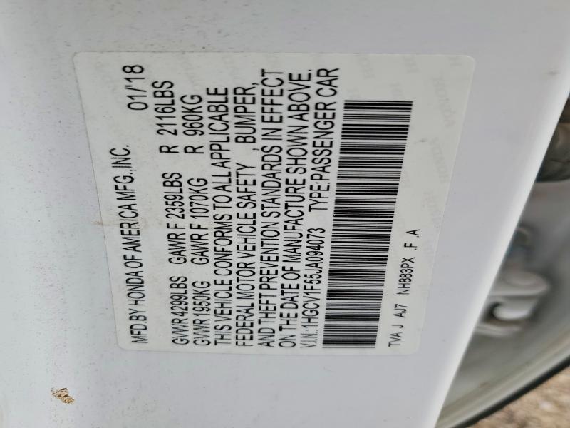 2018 Honda Accord მანქანა იყიდება აუქციონზე, vin: 1HGCV1F55JA094073, აუქციონის ნომერი: 52414266