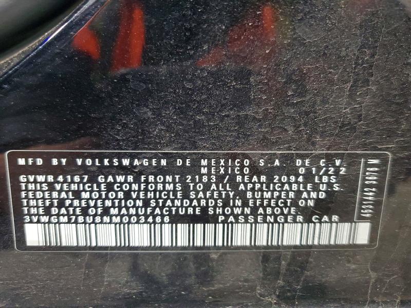 Продажа на аукционе авто 2022 Volkswagen Jetta, vin: 3VWGM7BU8NM003466, номер лота: 53390576