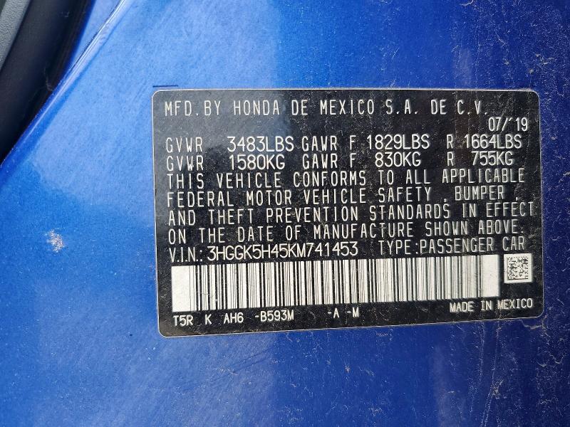 55193346 :رقم المزاد ، 3HGGK5H45KM741453 vin ، 2019 Honda Fit مزاد بيع