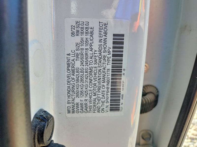 53104786 :رقم المزاد ، 5FNYF6H81NB071778 vin ، 2022 Honda Pilot مزاد بيع