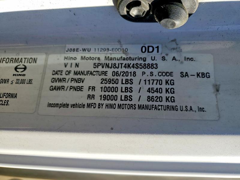 52565996 :رقم المزاد ، 5PVNJ8JT4K4S58883 vin ، 2019 Hino 258/268 مزاد بيع