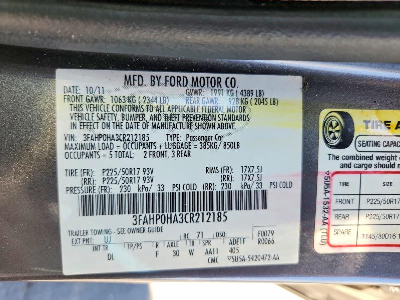 Продажа на аукционе авто 2012 Ford Fusion, vin: 3FAHP0HA3CR212185, номер лота: 53785206