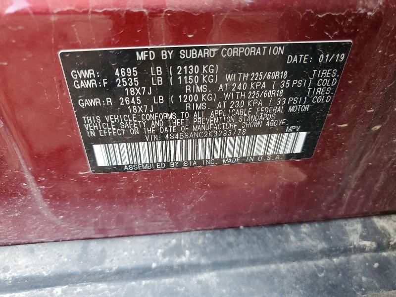 52626366 :رقم المزاد ، 4S4BSANC2K3293778 vin ، 2019 Subaru Outback مزاد بيع