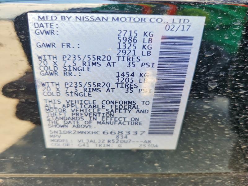 2017 Nissan Pathfinder მანქანა იყიდება აუქციონზე, vin: 5N1DR2MNXHC668337, აუქციონის ნომერი: 55234136