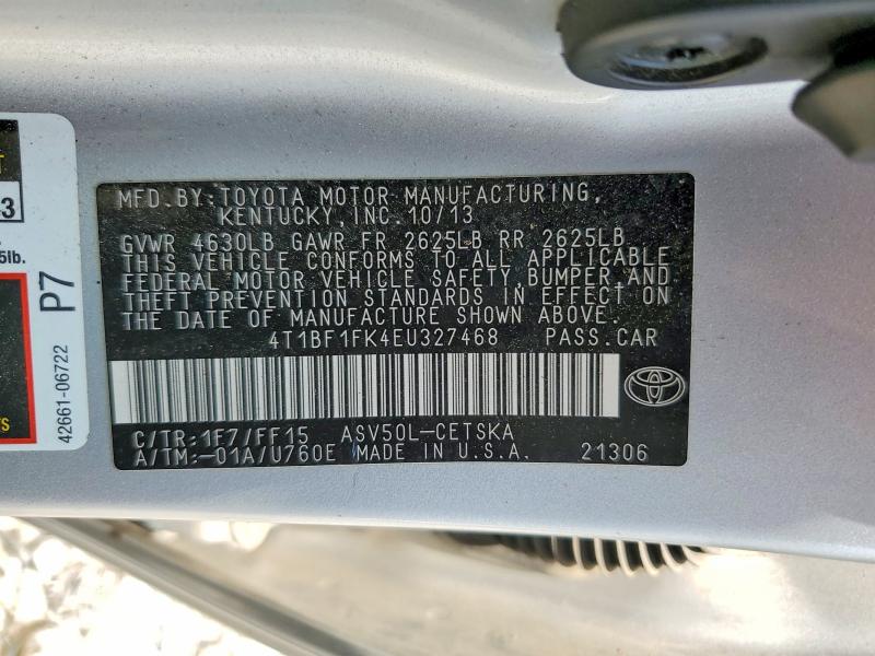 2014 Toyota Camry მანქანა იყიდება აუქციონზე, vin: 4T1BF1FK4EU327468, აუქციონის ნომერი: 52883766