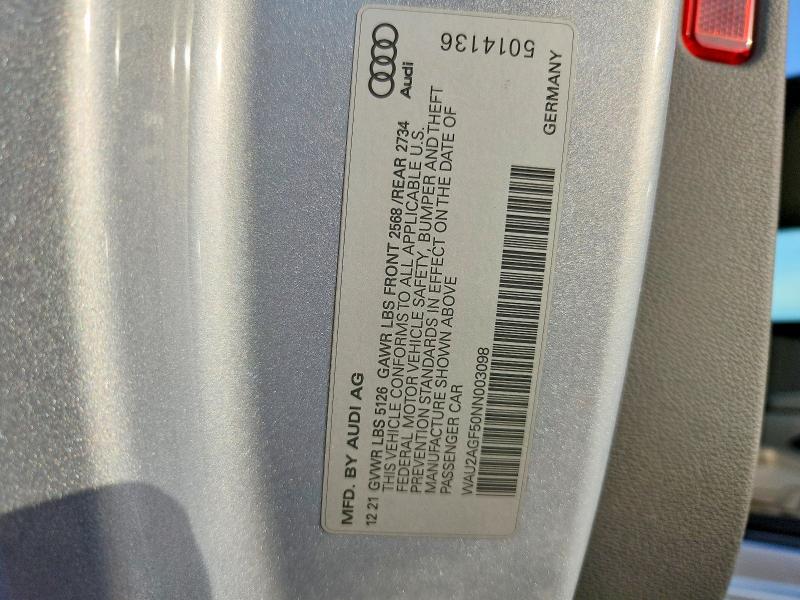 2022 Audi A5 მანქანა იყიდება აუქციონზე, vin: WAU2AGF50NN003098, აუქციონის ნომერი: 53462716