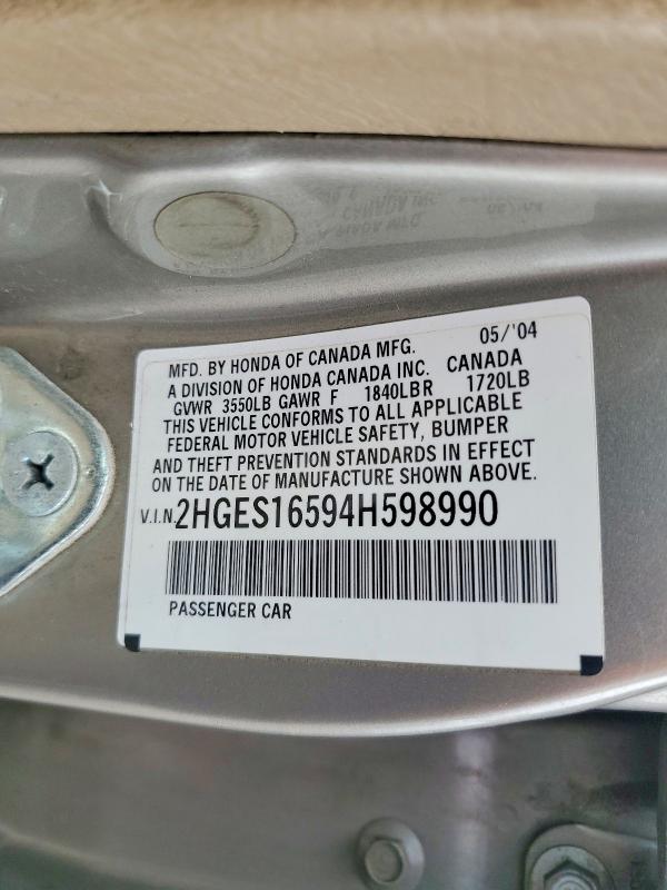 52424256 :رقم المزاد ، 2HGES16594H598990 vin ، 2004 Honda Civic 2d Dx مزاد بيع