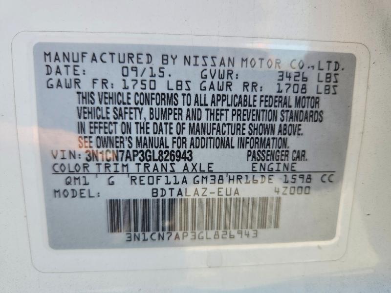 Продаж на аукціоні авто 2016 Nissan Versa, vin: 3N1CN7AP3GL826943, номер лоту: 54562296