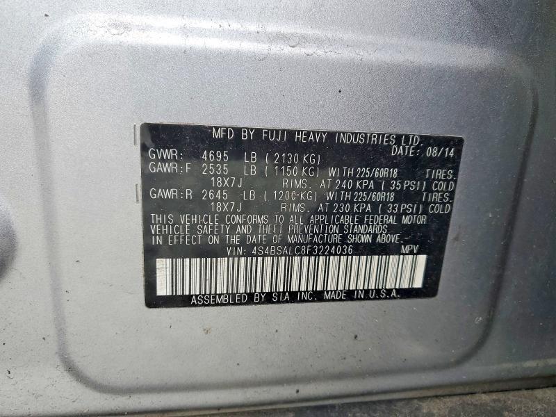 2015 Subaru Outback მანქანა იყიდება აუქციონზე, vin: 4S4BSALC8F3224036, აუქციონის ნომერი: 53174666