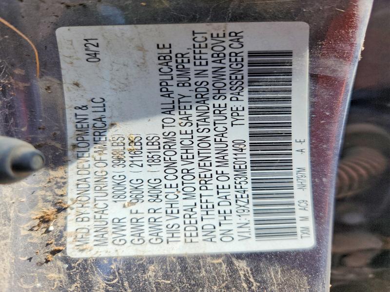 53831626 :رقم المزاد ، 19XZE4F53ME011400 vin ، 2021 Honda Insight مزاد بيع