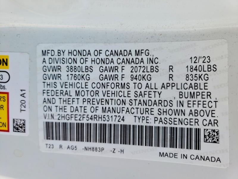 Продаж на аукціоні авто 2024 Honda Civic, vin: 2HGFE2F54RH531724, номер лоту: 53427536