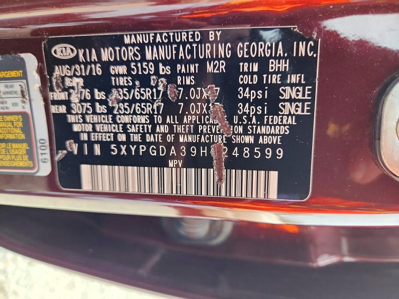 Продаж на аукціоні авто 2017 Kia Sorento, vin: 5XYPGDA39HG248599, номер лоту: 54840526