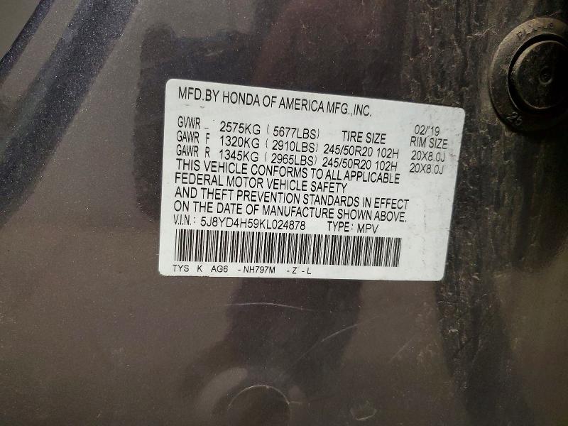 53599566 :رقم المزاد ، 5J8YD4H59KL024878 vin ، 2019 Acura Mdx مزاد بيع