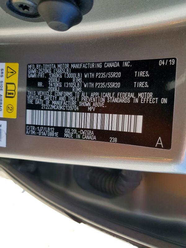 52434156 :رقم المزاد ، 2T2ZZMCA9KC139704 vin ، 2019 Lexus Rx 350 مزاد بيع