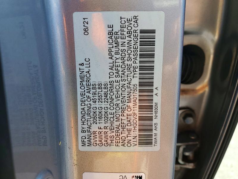 53623446 :رقم المزاد ، 1HGCV3F11MA017505 vin ، 2021 Honda Accord مزاد بيع