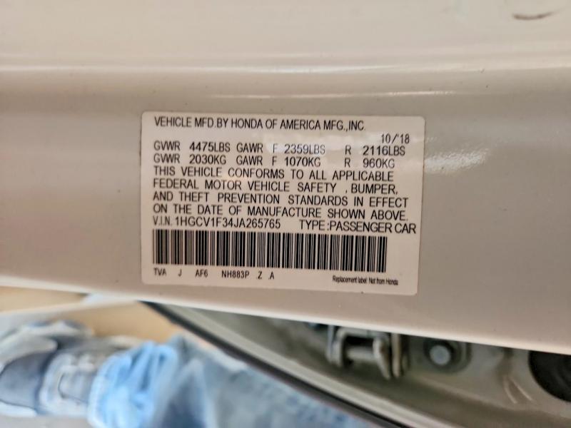 2018 Honda Accord მანქანა იყიდება აუქციონზე, vin: 1HGCV1F34JA265765, აუქციონის ნომერი: 54457586
