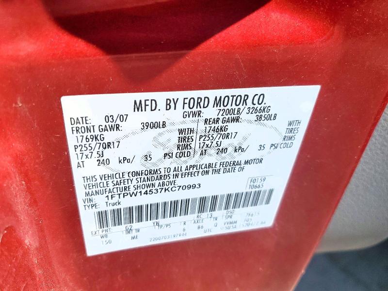 51864166 :رقم المزاد ، 1FTPW14537KC70993 vin ، 2007 Ford F150 مزاد بيع