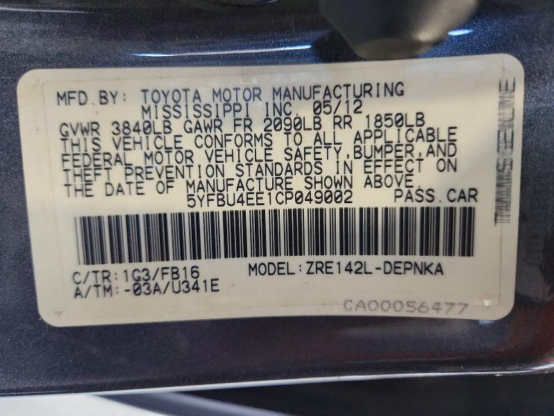 53247436 :رقم المزاد ، 5YFBU4EE1CP049002 vin ، 2012 Toyota Corolla مزاد بيع