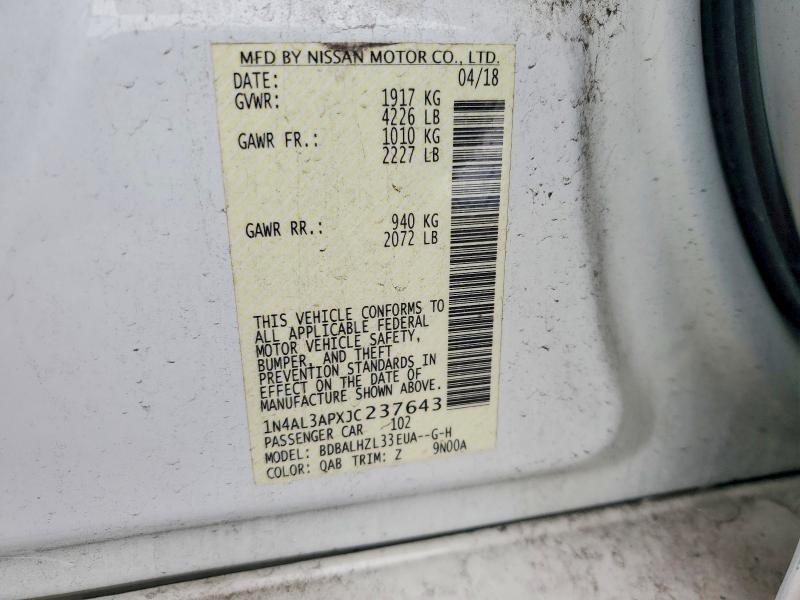2018 Nissan Altima მანქანა იყიდება აუქციონზე, vin: 1N4AL3APXJC237643, აუქციონის ნომერი: 54021386