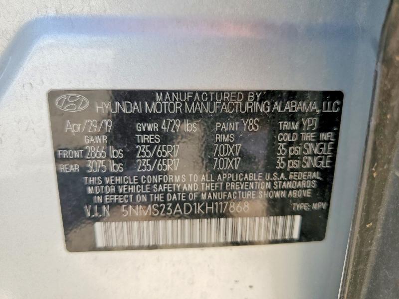 Продаж на аукціоні авто 2019 Hyundai Santa Fe, vin: 5NMS23AD1KH117868, номер лоту: 54329016