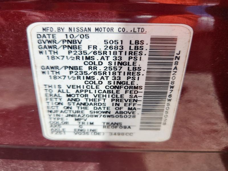53777296 :رقم المزاد ، JN8AZ08W76W505028 vin ، 2006 Nissan Murano مزاد بيع