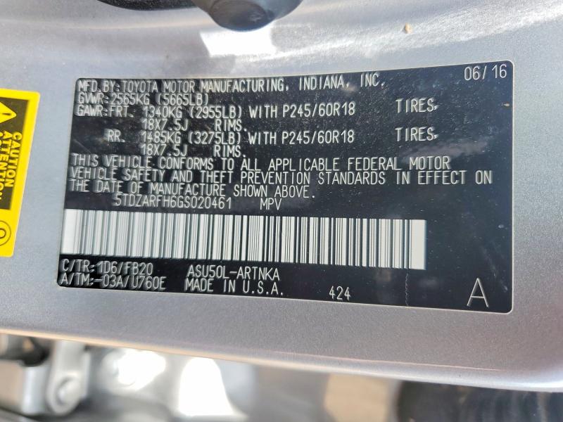 54394416 :رقم المزاد ، 5TDZARFH6GS020461 vin ، 2016 Toyota Highlander مزاد بيع