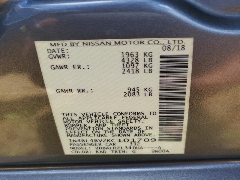 Auction sale of the 2019 Nissan Altima, vin: 1N4BL4BV2KC101709, lot number: 53789396