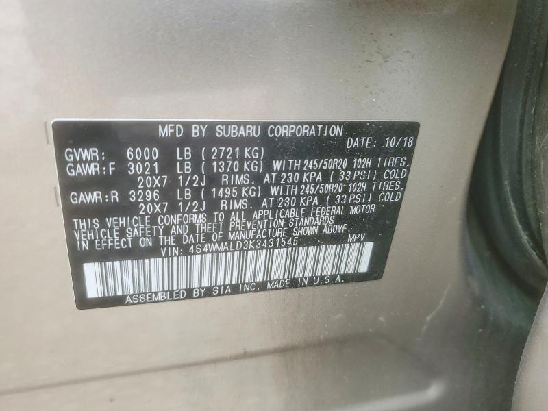 52511736 :رقم المزاد ، 4S4WMALD3K3431545 vin ، 2019 Subaru Ascent مزاد بيع