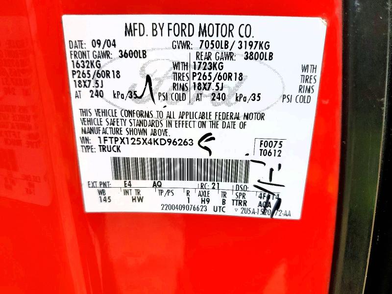 54490646 :رقم المزاد ، 1FTPX125X4KD96263 vin ، 2004 Ford F150 مزاد بيع